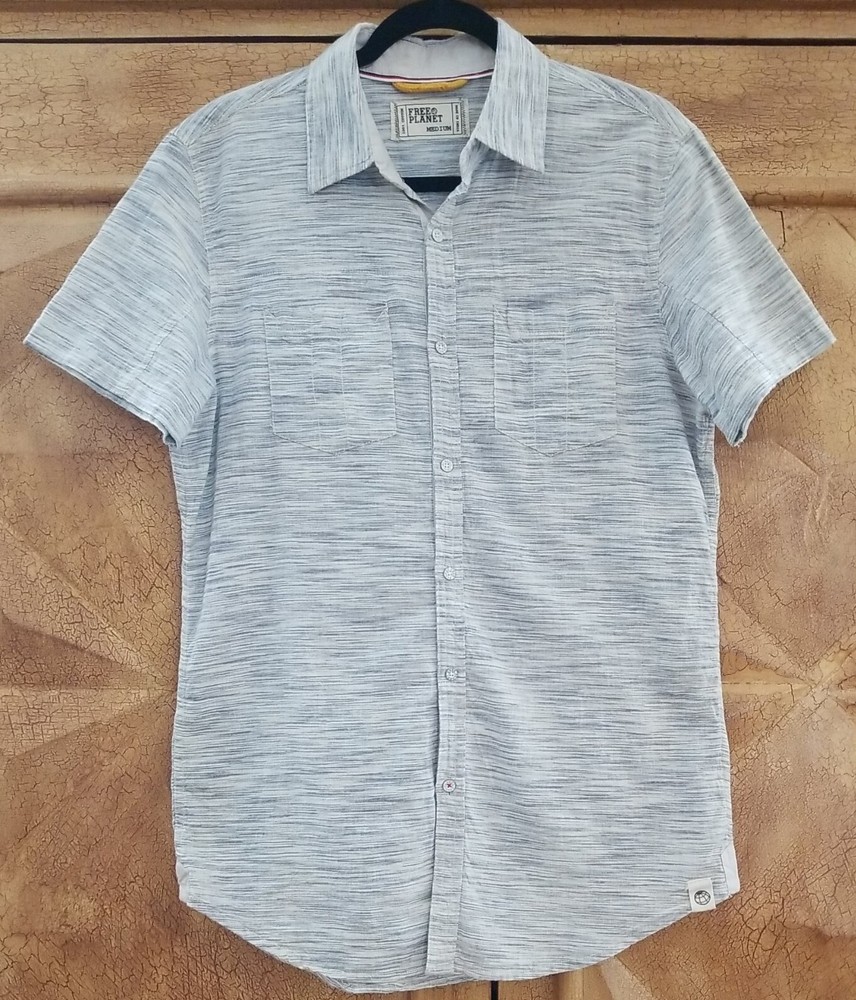 FREE PLANET Mens MEDIUM Button Front Blue White Short Sleeve Casual Cotton Shirt