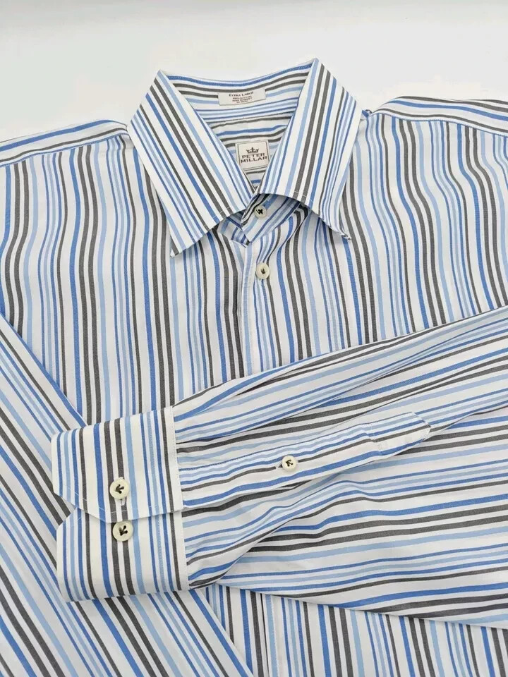 🇺🇸 Peter Millar Mens Hidden Button Down Shirt XL 17.5×36 Blue Stripe Cotton