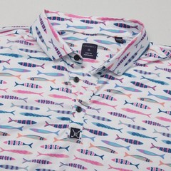CON.STRUCT Men’s XL White Fish Pattern Performance Polo Shirt Quick Dry Stretch