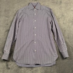 ISAIA Napoli Dress Shirt Mens 15.5 – 39 Purple Gingham 100% Cotton Made in Italy