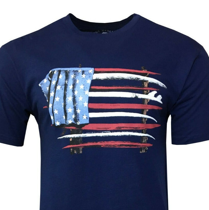 JOE MARLIN American Flag and Surfboards 100% Cotton Men’s T-Shirt Navy NEW .