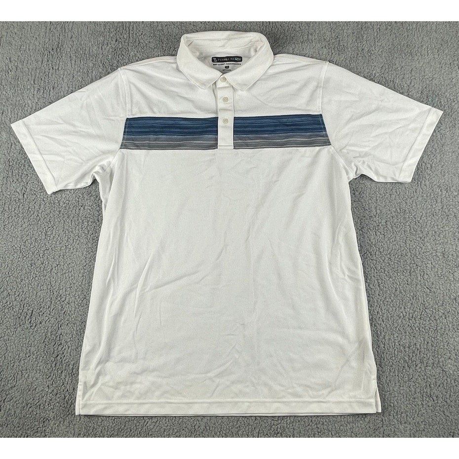 Pebble Beach Dry-Luxe Performance Men’s XL White Blue Gray Stripes SS Polo Shirt