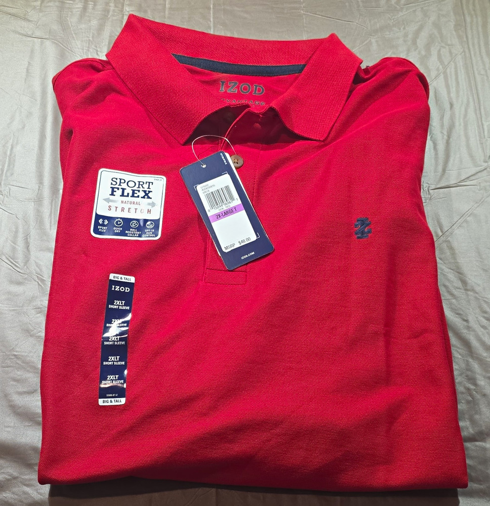 IZOD Advantage Stretch Red Solid Short Sleeve Collared Polo 2XLT Big & Tall