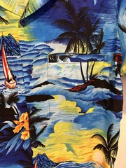 VHO Shirt Mens Small Blue Floral Palm Island Print Sailboat Hawaiian Silky EUC