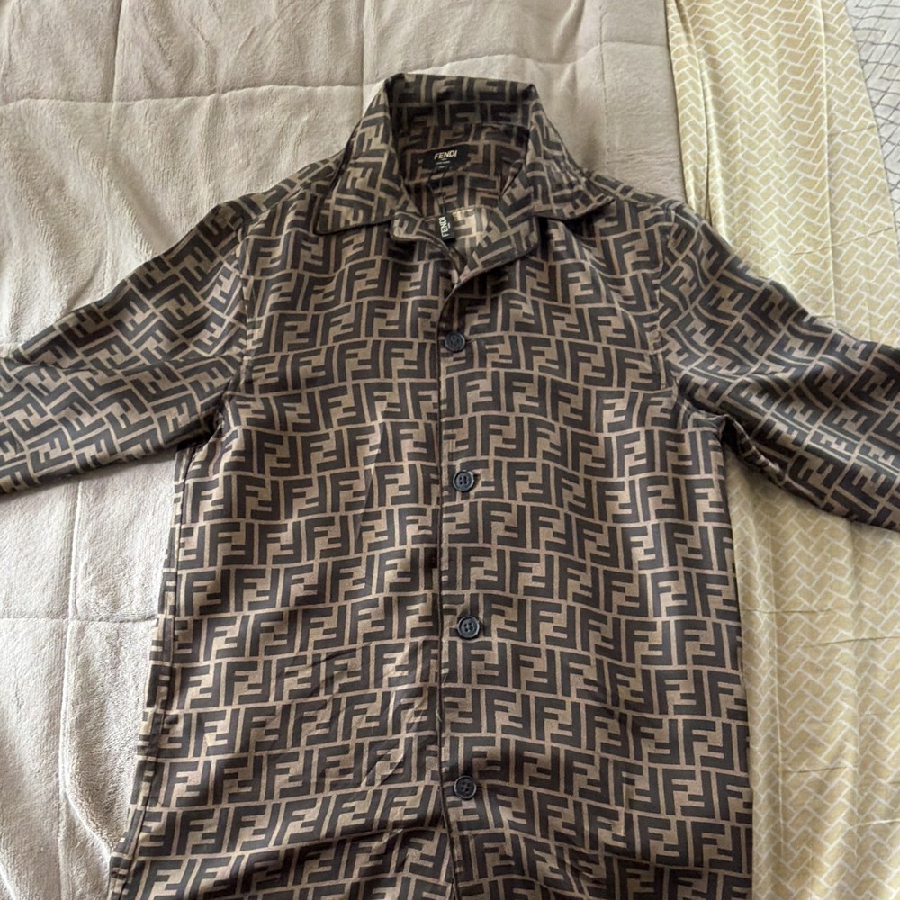 Fendi Roma FF Monogram Brown/Black Silk Satin Long Sleeve Button-Up Shirt 38