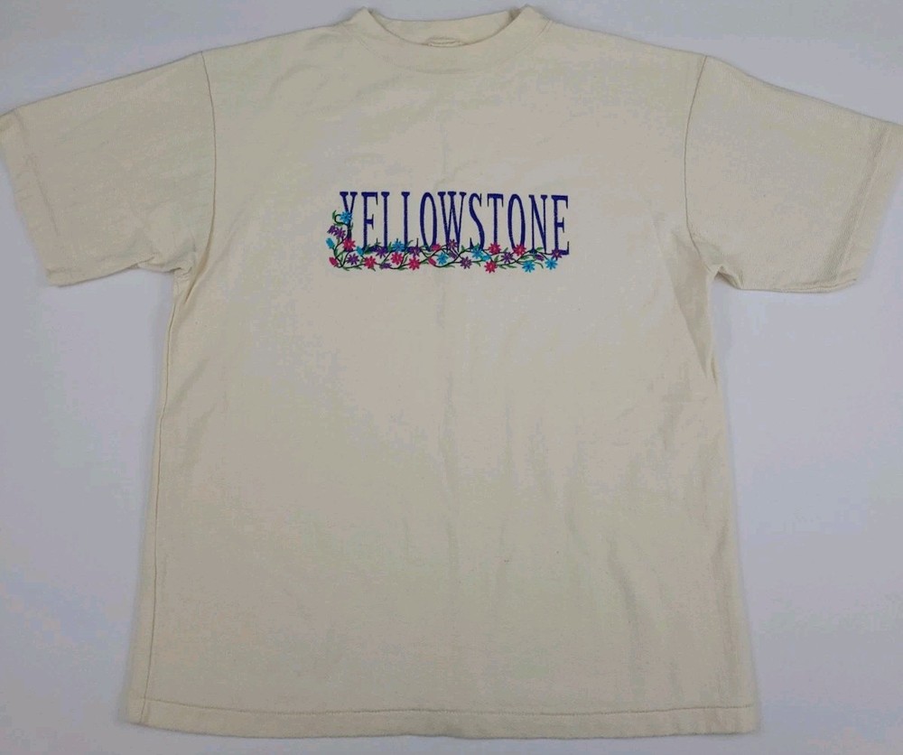 Vintage 90s Yellowstone Multicolor Flower Embroidered T Shirt USA Park Outdoor