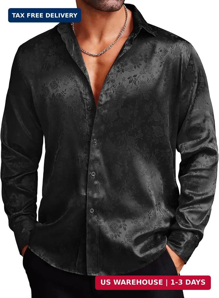 COOFANDY Men Silk Satin Dress Shirts Jacquard Long Sleeve Floral Button Up FAST