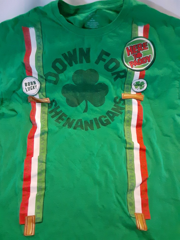 St Patrick’s Day Down For Shenanigans Green Shirt Men’s XL Paddy Lucky Suspender
