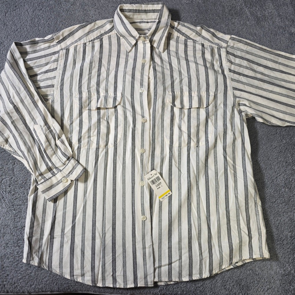 Claiborne Elements Mens L Button Down Shirt Cream Striped Long Sleeve Flap Pockt