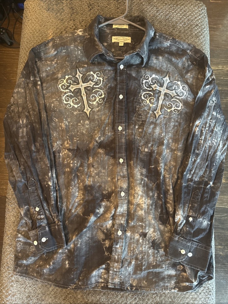 Y2K Eighty Eight Black Gray Tie Dye Double Cross Button Down Shirt Mens 2XL