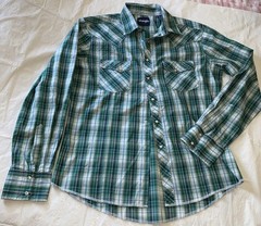 Wrangler Retro Western Pearl Snap Shirt Size L/G Blue Green Equestrian Ranch