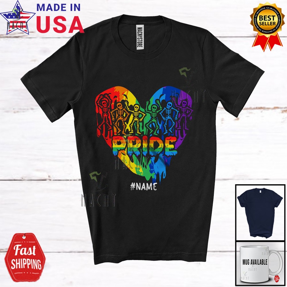 Custom Name Pride; Amusing LGBTQ Pride Skeleton Rainbow Heart Shape T-Shirt