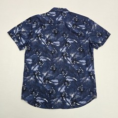 MBX Denim Wear Mens Large Navy Blue Tropical Floral Palm Button Down SlimFit NWT