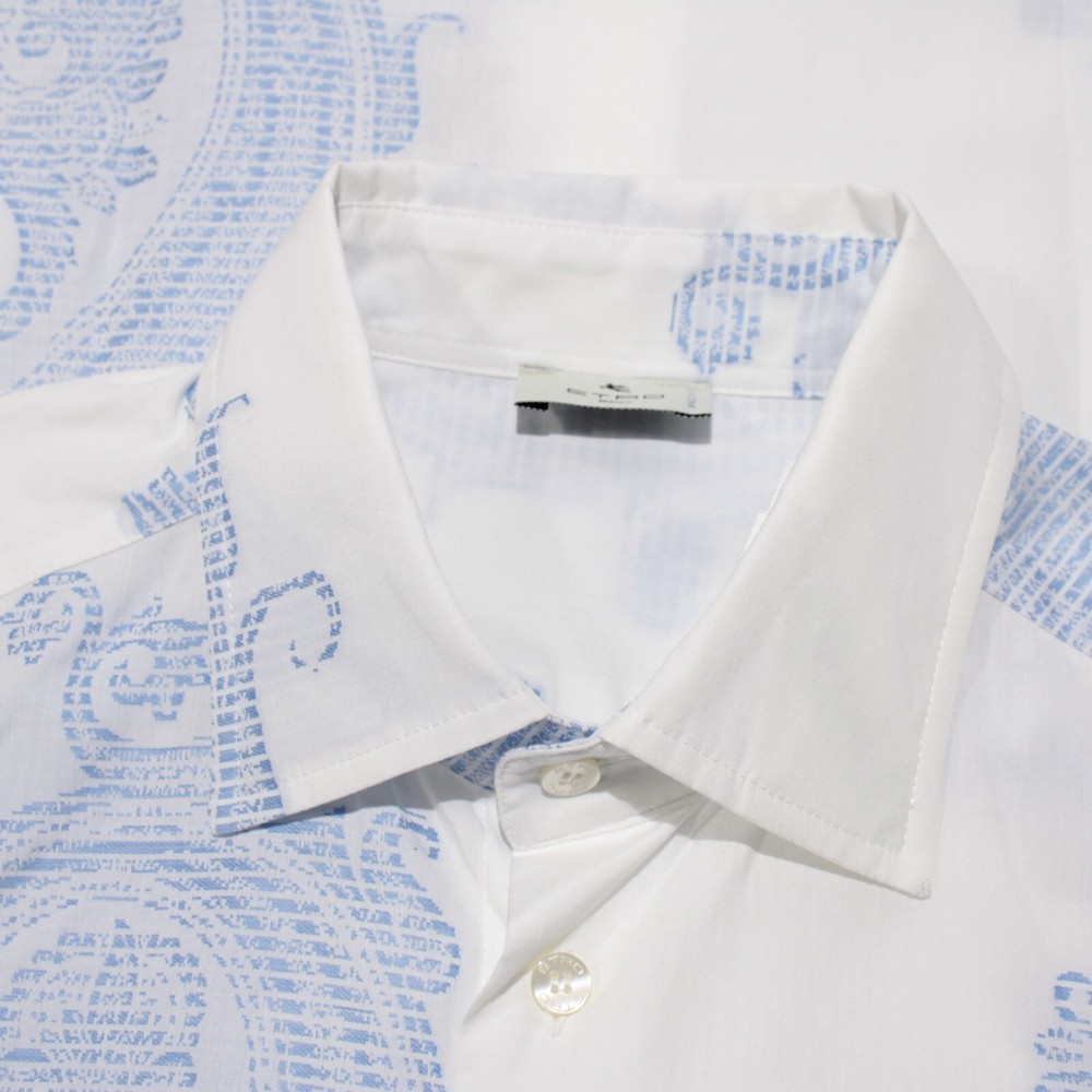 Etro NWOT Dress Shirt Size 38 in White with Blue Large Paisleys 100% Cotton
