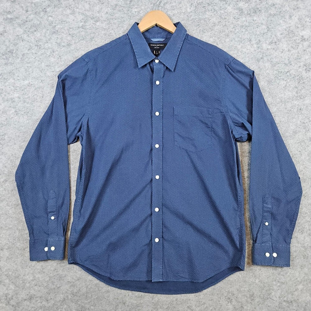 Banana Republic Men’s Blue Dot Pattern Dress Shirt Size L 100% Cotton Soft Wash