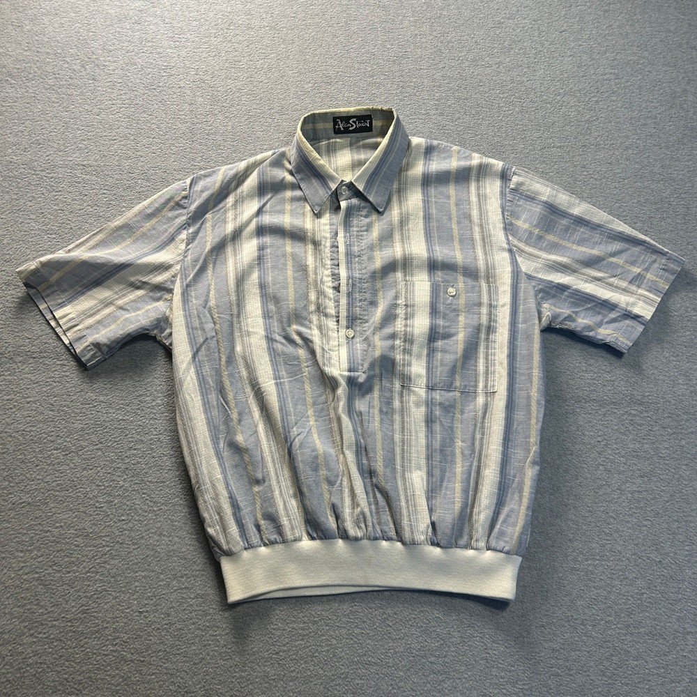 Alan Stuart Banded Bottom Shirt Mens Large Blue Plaid Short Sleeve Button Down