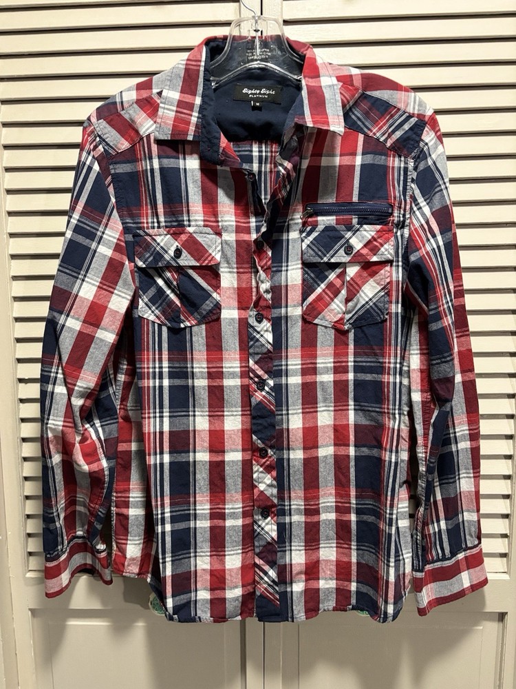 Eighty Eight Plaid Long Sleeve Button Down Size M Pockets Zipper Red/Blue