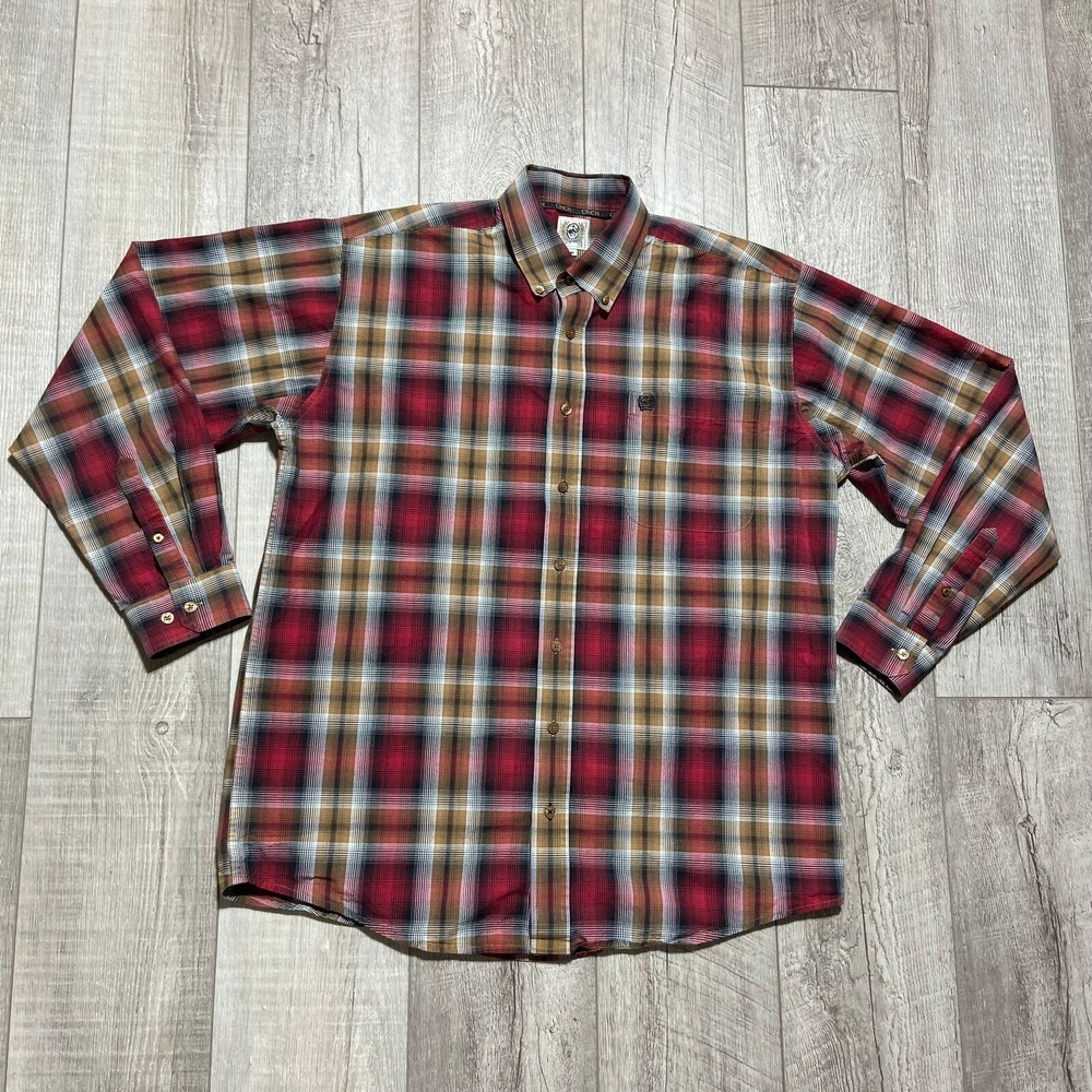 Cinch M Men’s Long Sleeve Button Down Shirt Burgundy Plaid EUC Flip Cuff Western