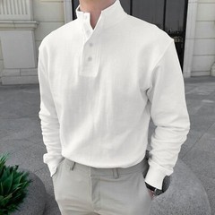 Men Button High Neck Stand Collar Solid Blouse Long Sleeve Top Cotton Shirt