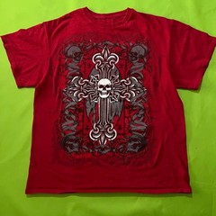 Gothic Skull Cross Fleur De Lis Graphic Tee Red Short Sleeve T-Shirt Mens L
