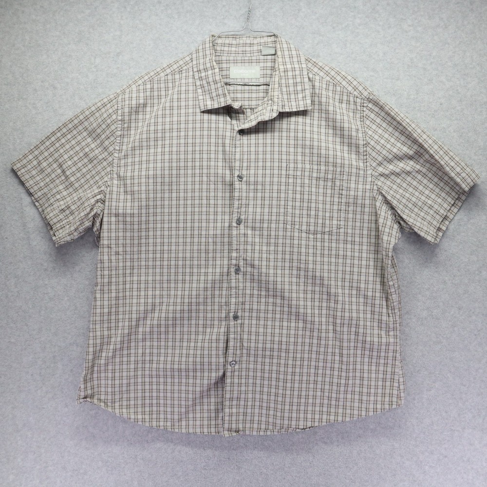 Claiborne Shirt Mens 2XL XXL Slim Fit Stretch Pocket Button Plaid Short Sleeve