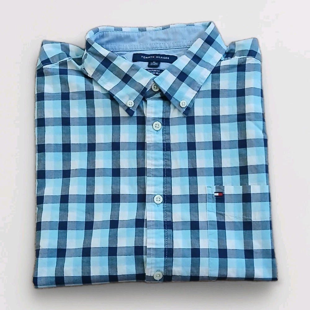 Tommy Hilfiger Mens Short Sleeve Blue White Plaid Button Down Custom Fit XL