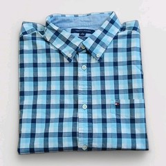 Tommy Hilfiger Mens Short Sleeve Blue White Plaid Button Down Custom Fit XL