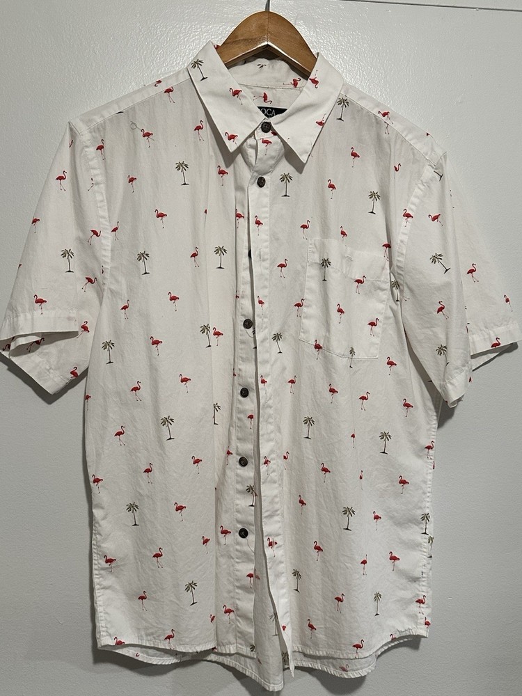 Men’s Boca Classic White Button Up Shirt With Flamingo Pattern Sz L