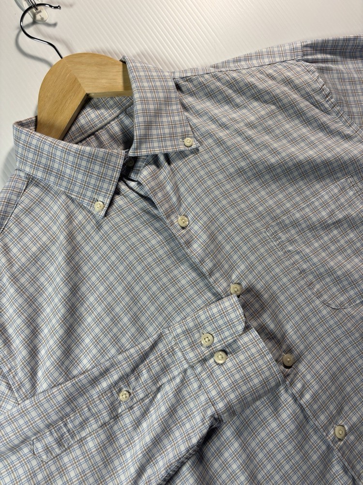 Peter Millar Mens Medium Button Down Shirt Blue Tan Plaid Stretch Performance