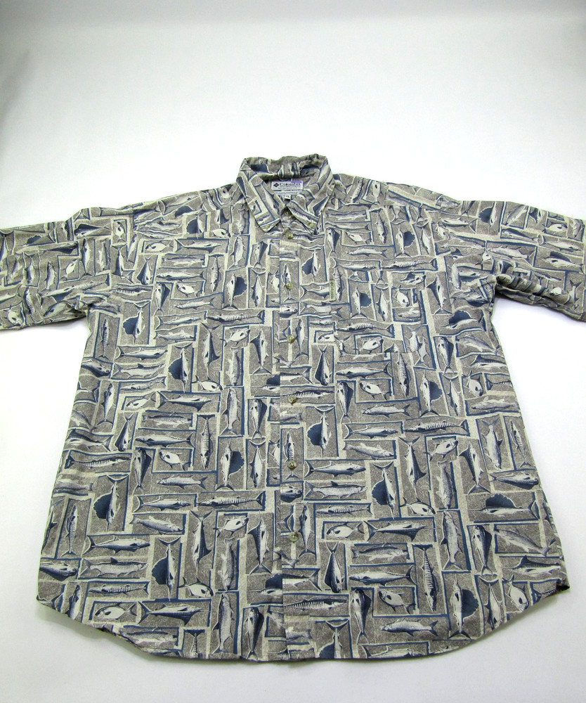 Columbia Shirt Men XL Button Down Fish Nautical Marlin All Over Print Casual Dad