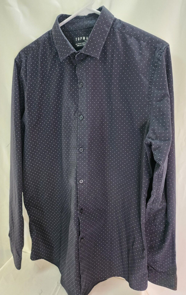 Topman Men’s Casual Button Down Long Sleeve Polka Dot Shirt, Black/White, Large