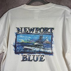 Vintage Newport Blue T-Shirt Mens XL White Graphic Boat Nautical 90s STAINED