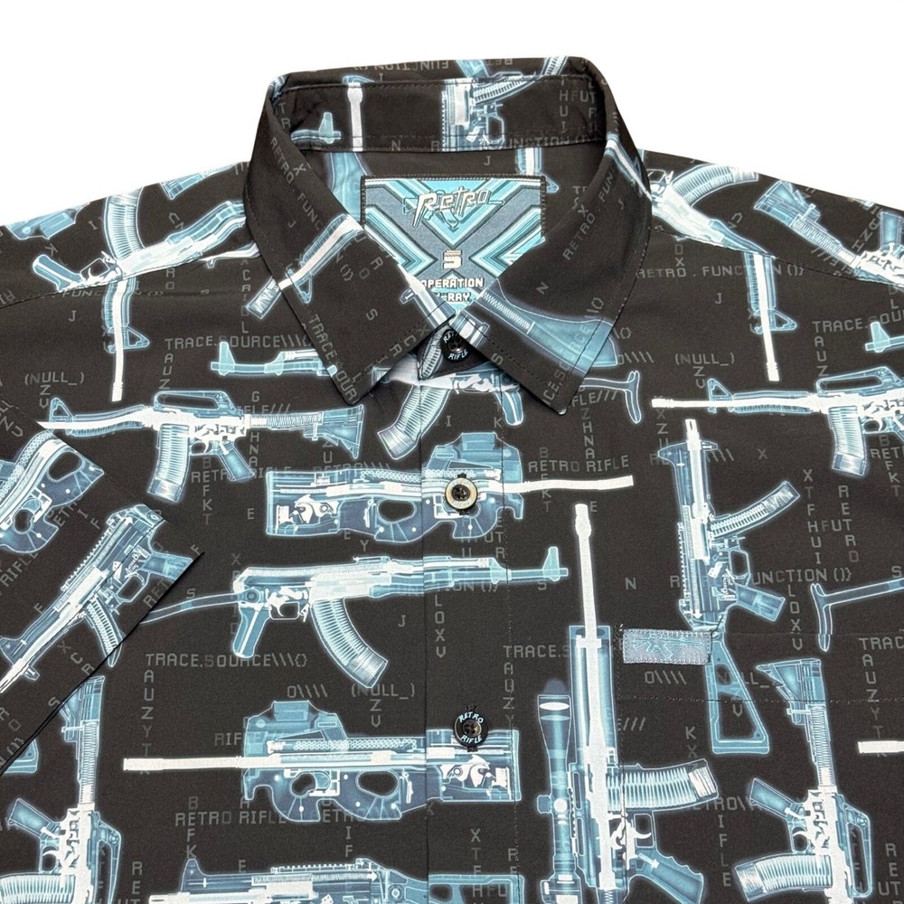 Retro Rifle Button Down Mens Small Black Operation X-Ray Gun Blueprint Shirt