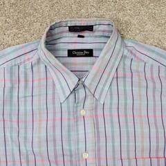 Christian Dior Monsieur Shirt Mens Large Blue/Pink Cotton/Poly Short Sleeve