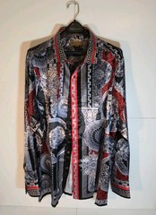 Prestige Original Long Sleeve Dress Shirt Black Red Silver Greek Pattern XXL