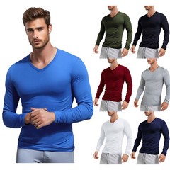 Mens Long Sleeves V Neck Solid Undershirt Slim Fit Top Base Layer Pullover Shirt