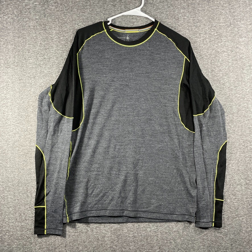 Smartwool Merino Wool Base Layer Long Sleeve Mens Medium Grey Black Neon Sport