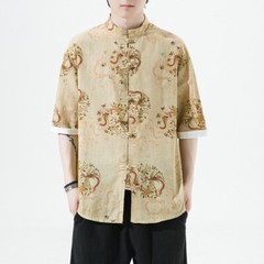 Chinese Men Top Shirt Frog Button Tang Suit Dragon Printed Tai Chi Retro Summer