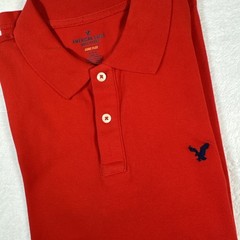 American Eagle Medium Red Polo Core Flex Classic Fit Navy Eagle Logo