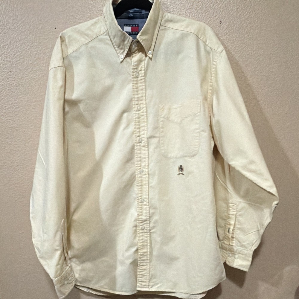 Tommy Hilfiger Men’s Beige Solid Cotton Button-Up Shirt Pockets 16 34-35