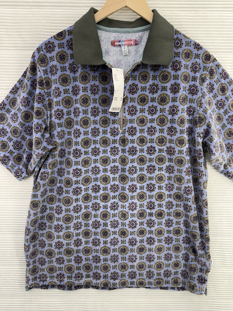 Urban Outfitters Men’s Velour Short Sleeve Polo Zip Blue Olive Pattern Size S