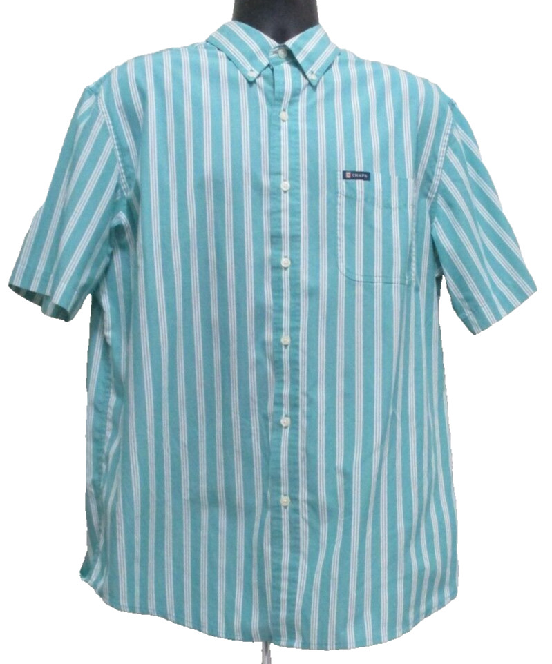 Chaps Green & White Striped Button Front SS Easy Care Shirt Size Large Men’s EUC