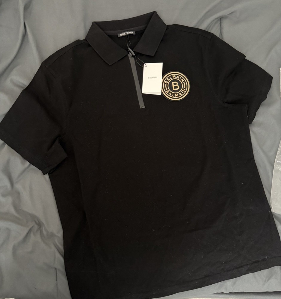 Balmain Men’s Black Solid Short Sleeve Collared Zip Polo Shirt Logo, L