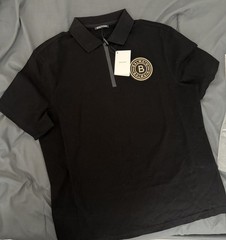 Balmain Men’s Black Solid Short Sleeve Collared Zip Polo Shirt Logo, L