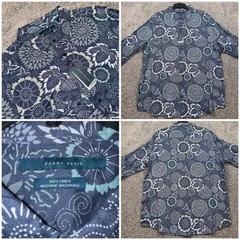 Perry Ellis 100% Linen Untucked Shirt Men 2XLT Floral Pattern Medallion Blue NEW