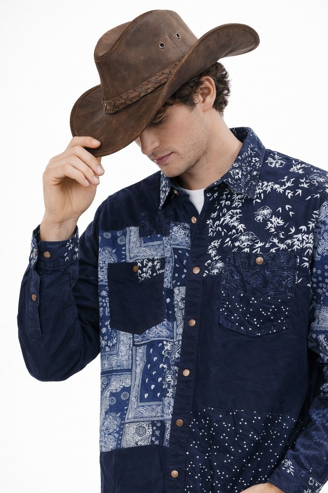 Sun+Stone Men’s Snap Button Shirt L Blue Gray Colorblock Long Sleeve Casual