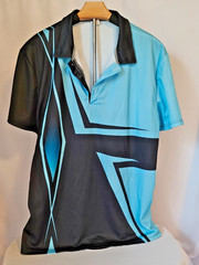 Men’s Size Large Polo Shirt Black, Aqua & Blue Geometric Gradient Short Sleeve