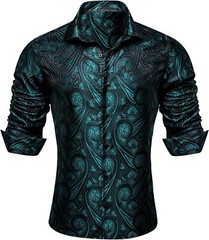 Mens Silk Paisley Western Shirt Long Sleeve Button Down Cowboy Dress Top Casual