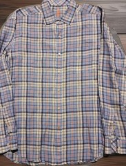 J. McLaughlin 100% Linen Button Up Shirt Men’s XL Blue White Orange Plaid LS