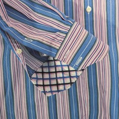 Thomas Dean Mens Large L LS Button Down Shirt Blue Pink Stripe Cotton